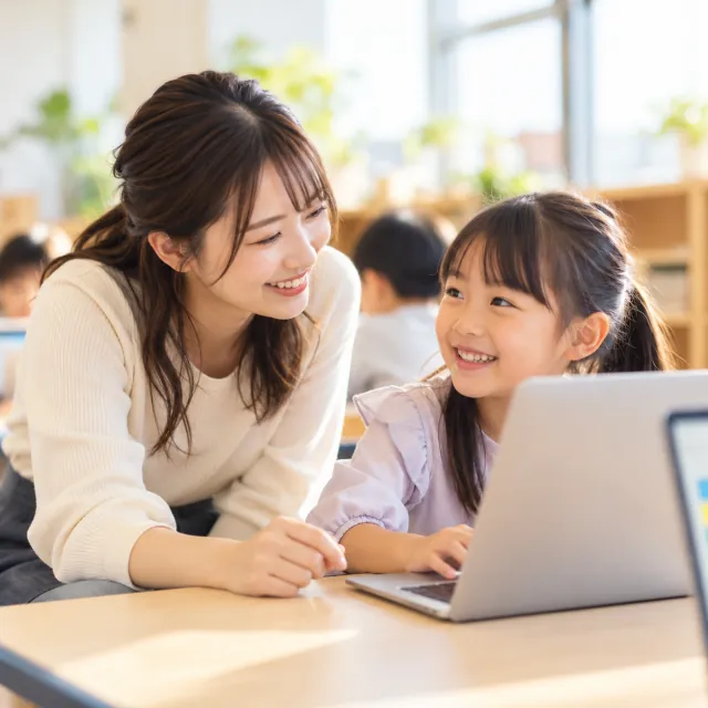 サポート講師が小さな子どもの目線にしゃがんで、やさしく声をかけている様子